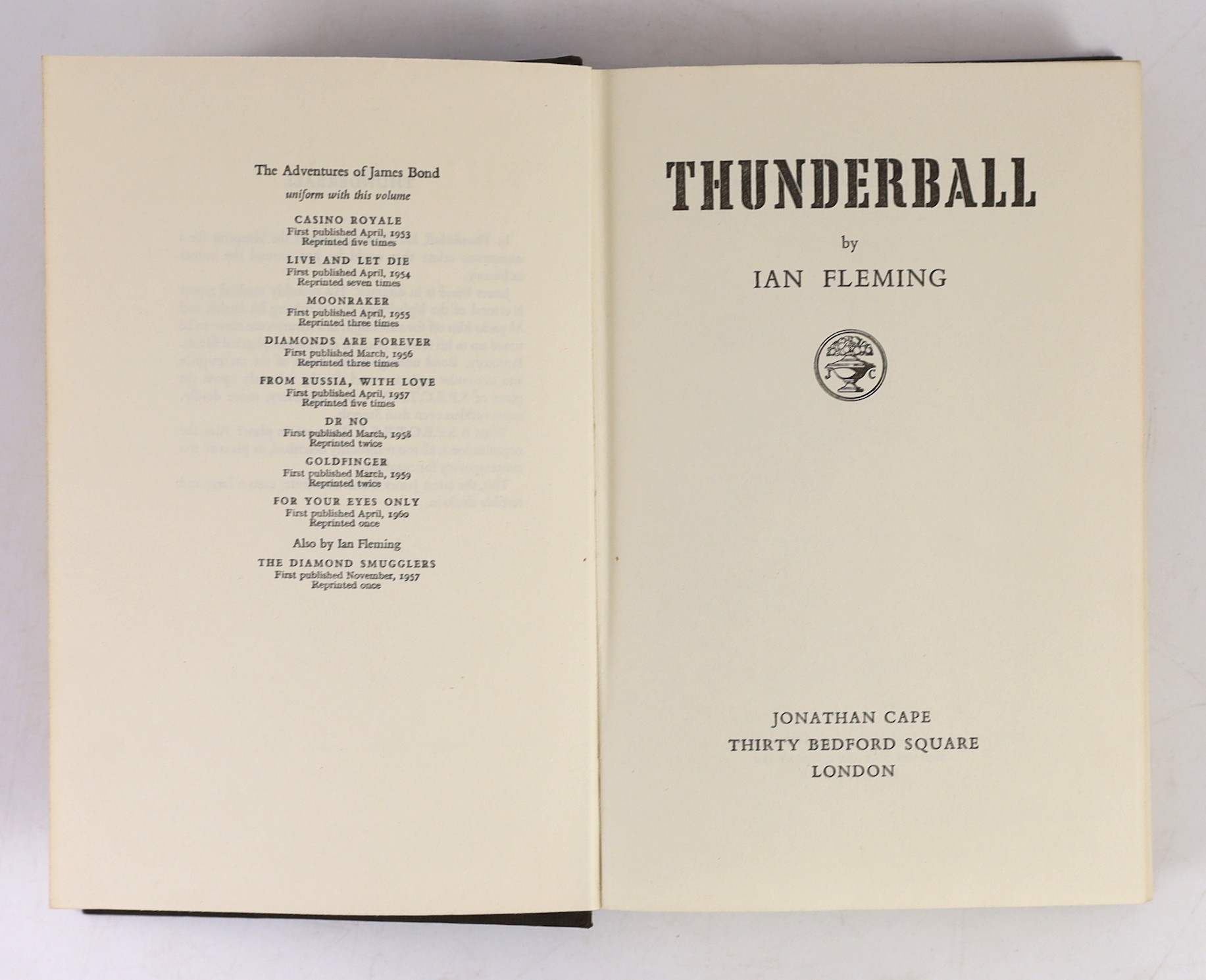 Fleming, Ian - Thunderball, 1st edition, 8vo, cloth in unclipped d/j, Jonathan Cape, London, 1961